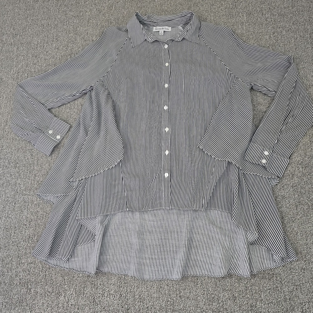 See and Be Seen Oversized Striped Button Tunic Top‎ Lagenlook Boho Coastal S